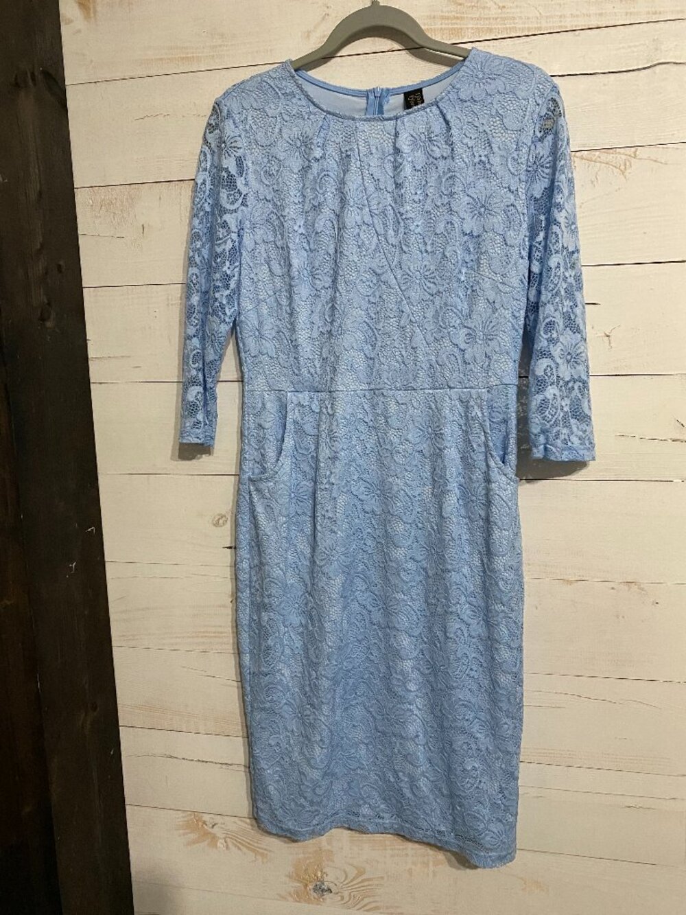 Vfshow Vfemage Light Blue Floral Lace 3/4 Sleeve Sheath Dress with Pockets Size